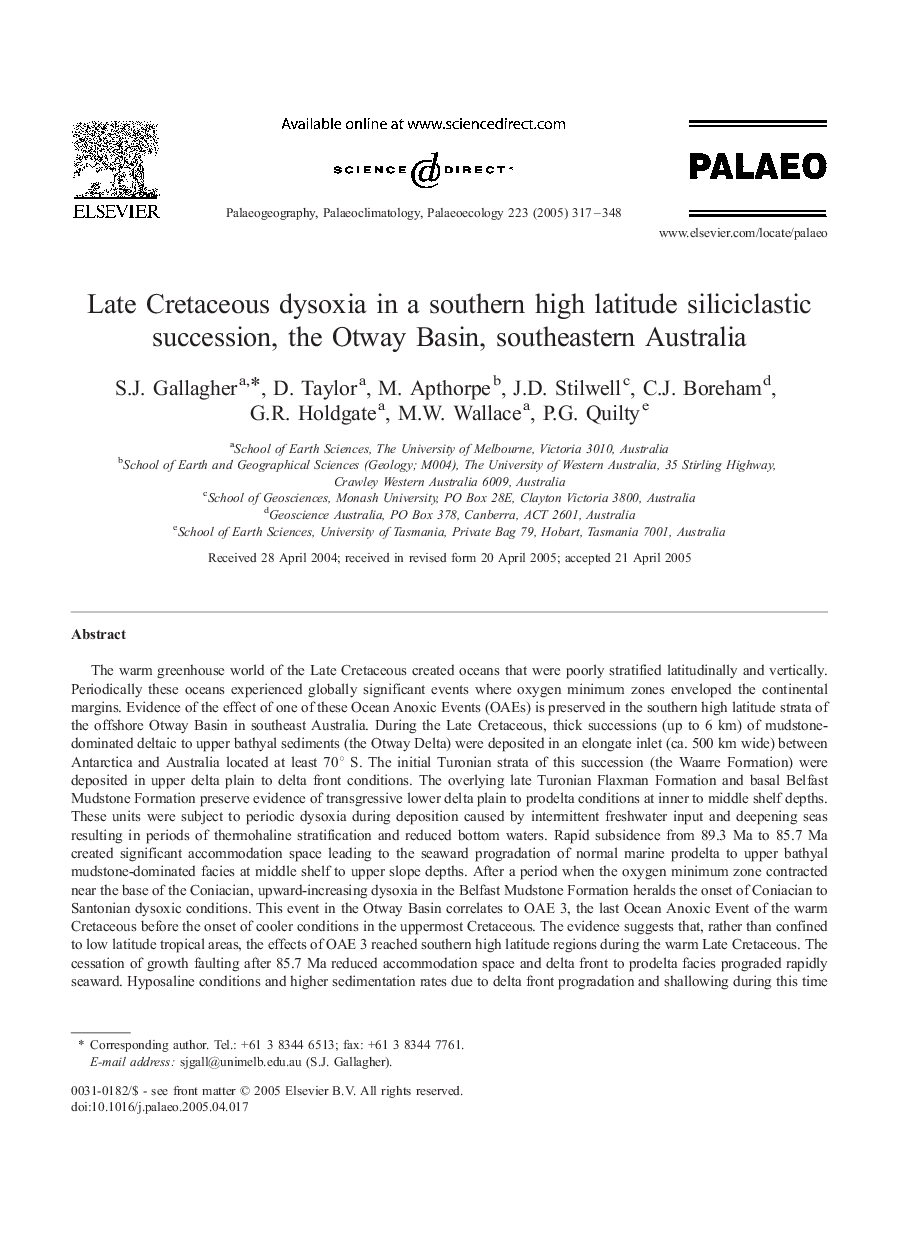 Late Cretaceous dysoxia in a southern high latitude siliciclastic succession, the Otway Basin, southeastern Australia