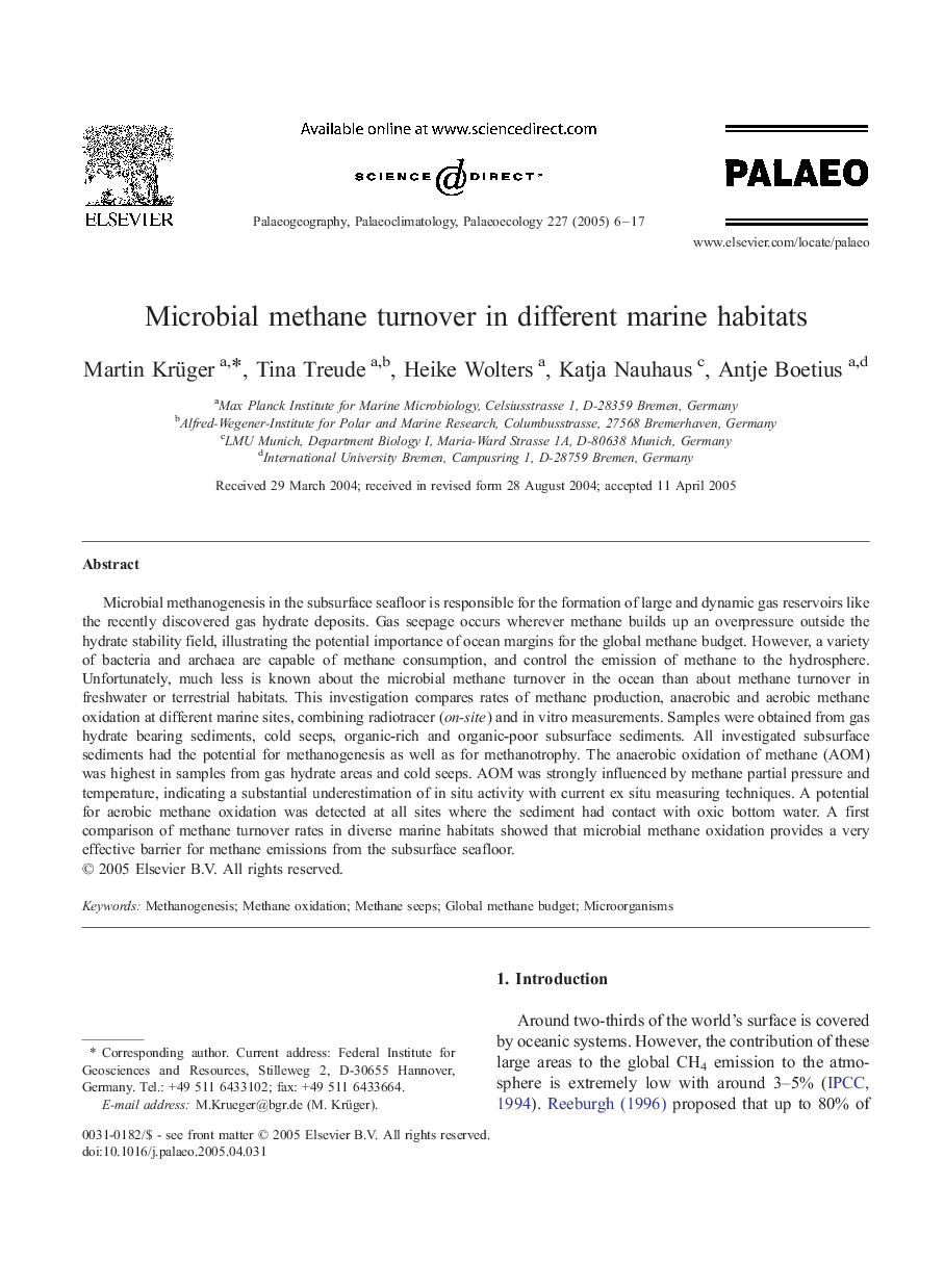 Microbial methane turnover in different marine habitats