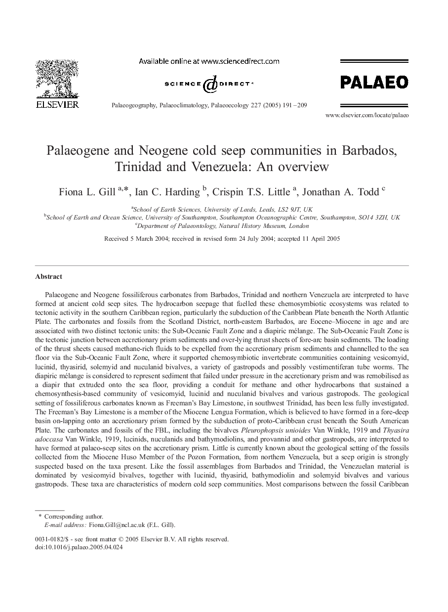 Palaeogene and Neogene cold seep communities in Barbados, Trinidad and Venezuela: An overview