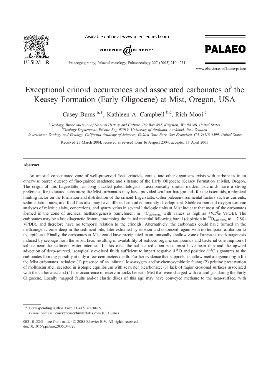 Exceptional crinoid occurrences and associated carbonates of the Keasey Formation (Early Oligocene) at Mist, Oregon, USA