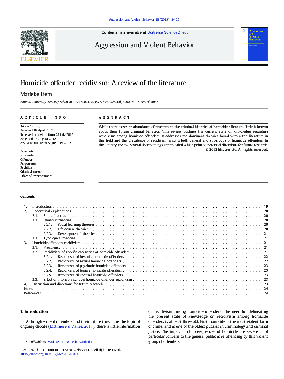 Homicide offender recidivism: A review of the literature