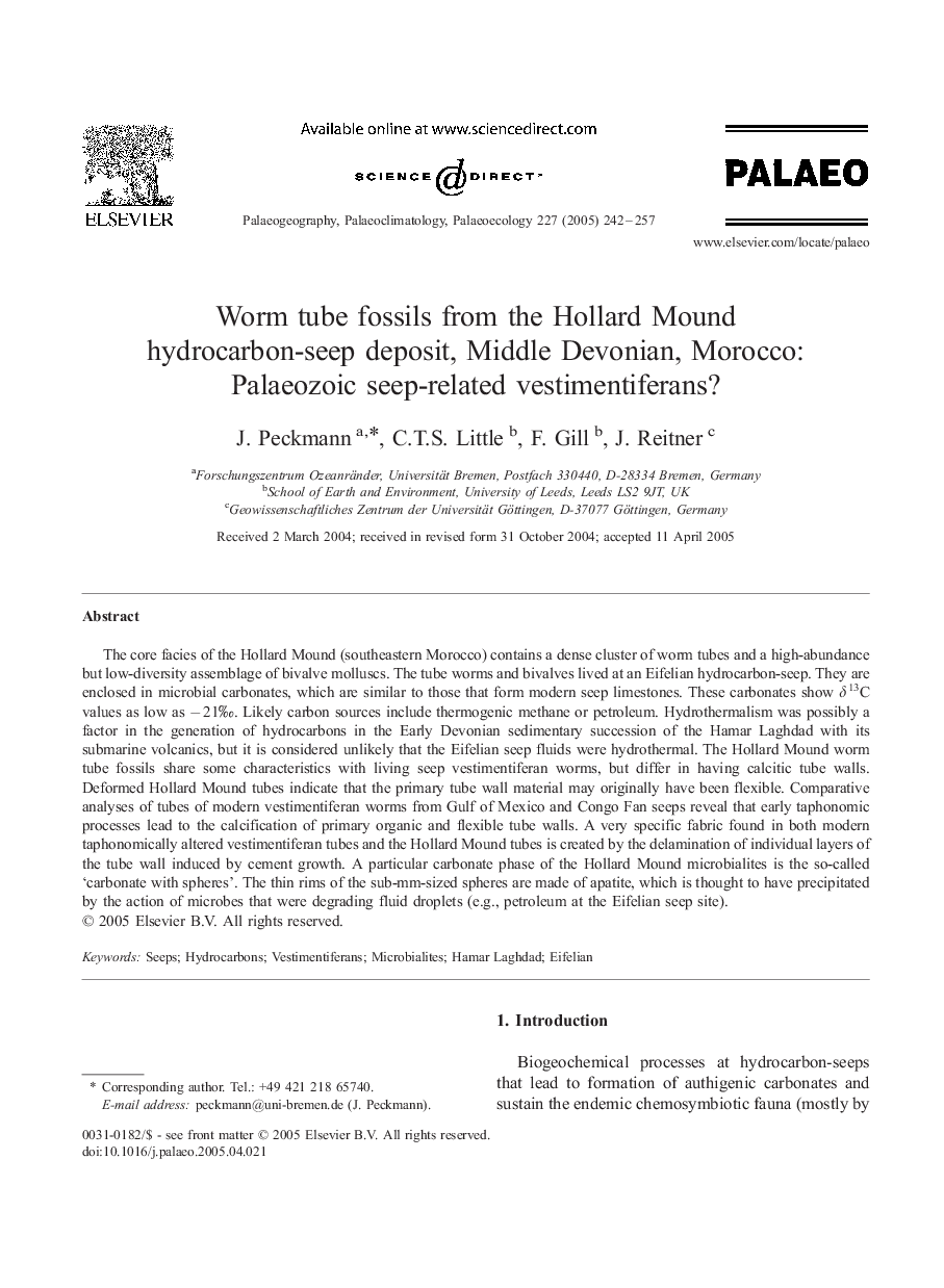 Worm tube fossils from the Hollard Mound hydrocarbon-seep deposit, Middle Devonian, Morocco: Palaeozoic seep-related vestimentiferans?