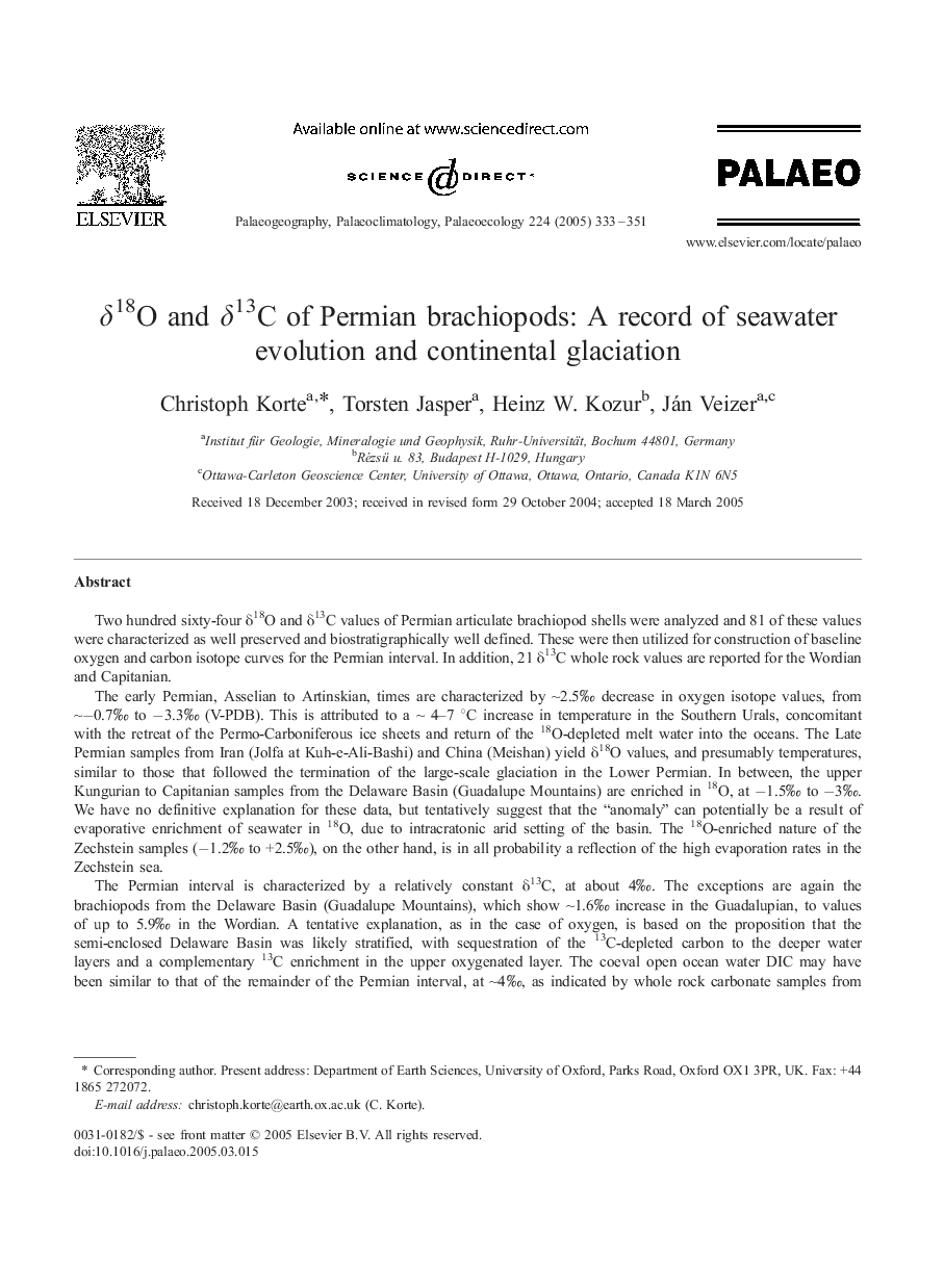 Î´18O and Î´13C of Permian brachiopods: A record of seawater evolution and continental glaciation