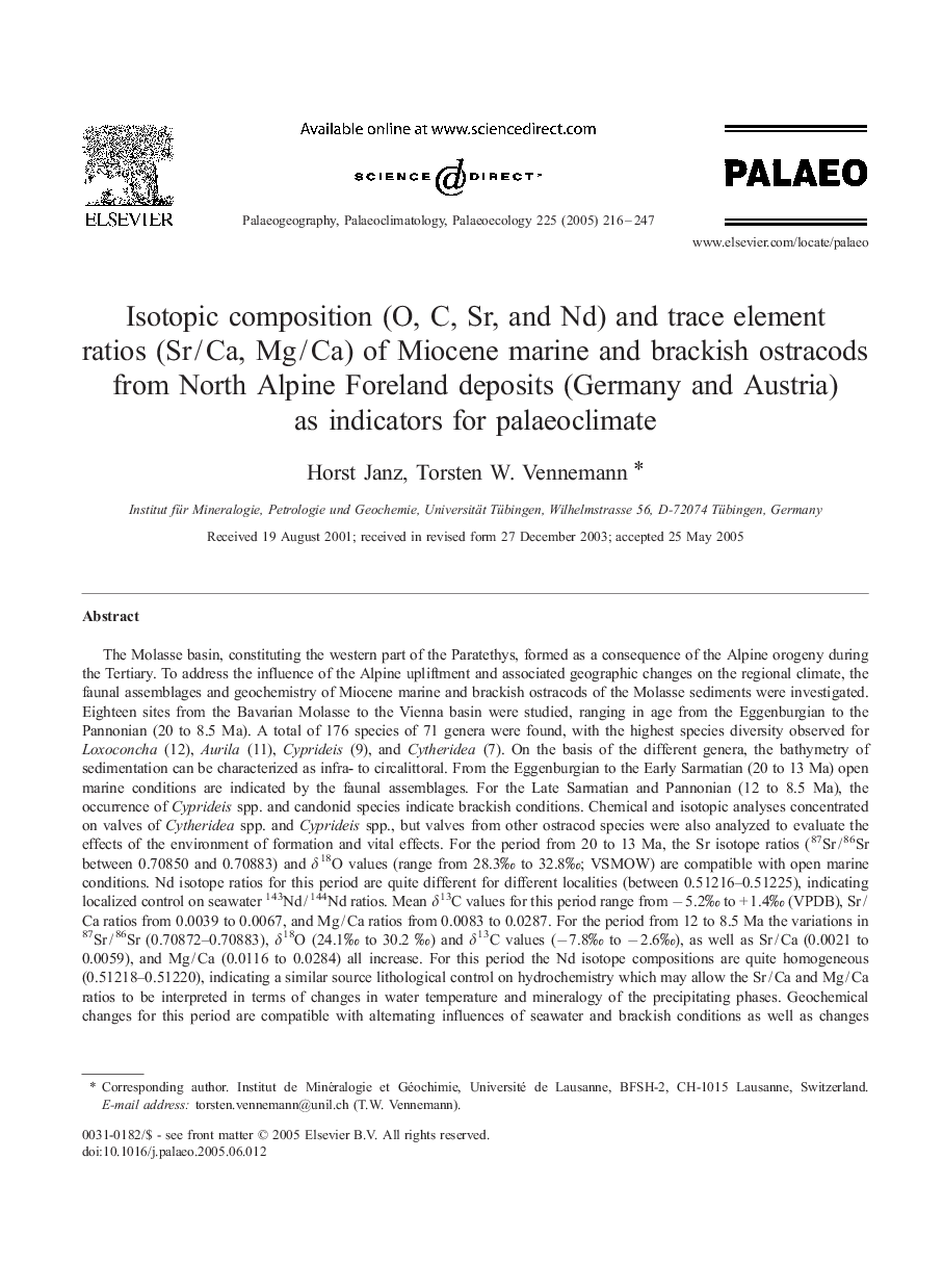 Isotopic composition (O, C, Sr, and Nd) and trace element ratios (SrÂ /Â Ca, MgÂ /Â Ca) of Miocene marine and brackish ostracods from North Alpine Foreland deposits (Germany and Austria) as indicators for palaeoclimate