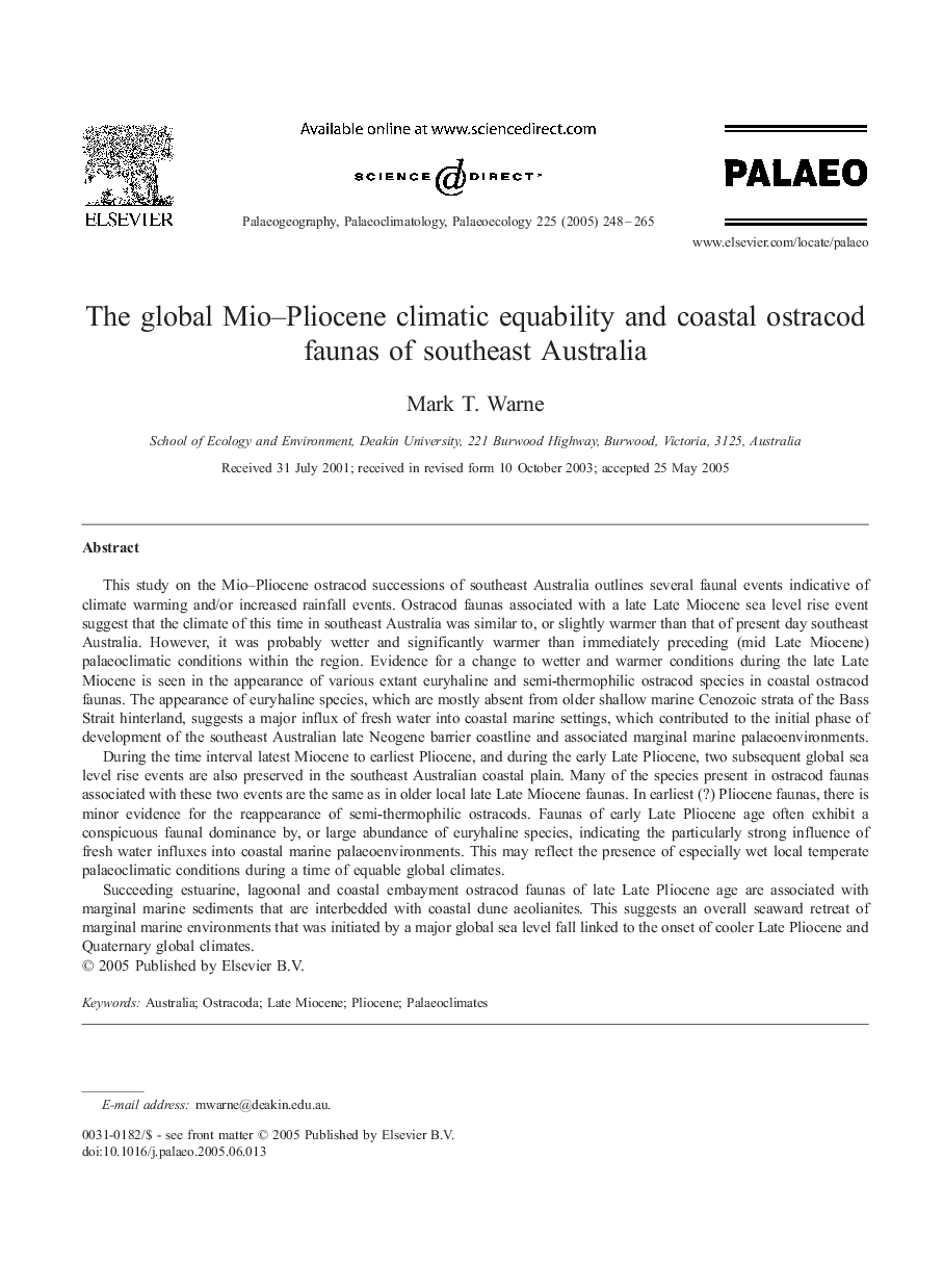 The global Mio-Pliocene climatic equability and coastal ostracod faunas of southeast Australia