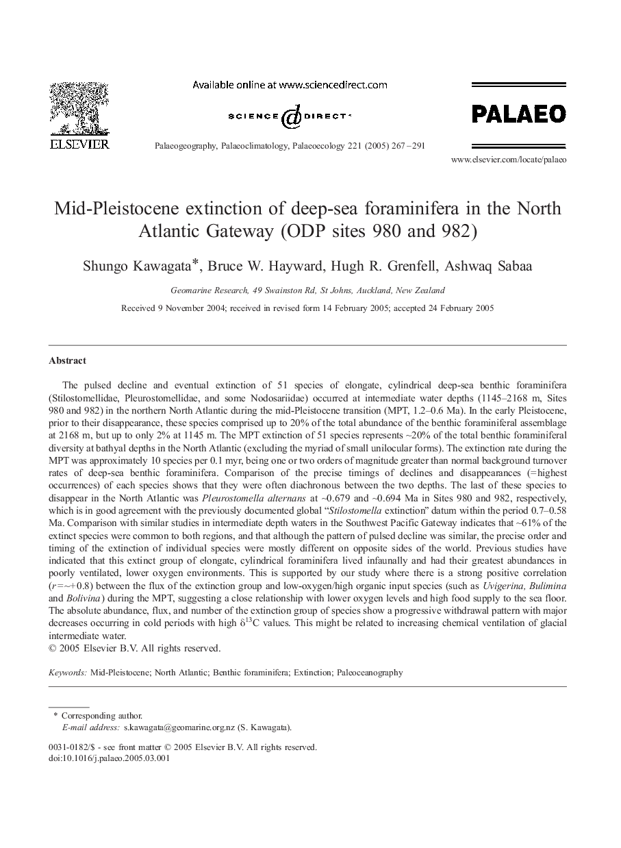 Mid-Pleistocene extinction of deep-sea foraminifera in the North Atlantic Gateway (ODP sites 980 and 982)