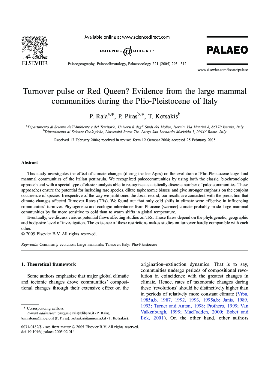 Turnover pulse or Red Queen? Evidence from the large mammal communities during the Plio-Pleistocene of Italy
