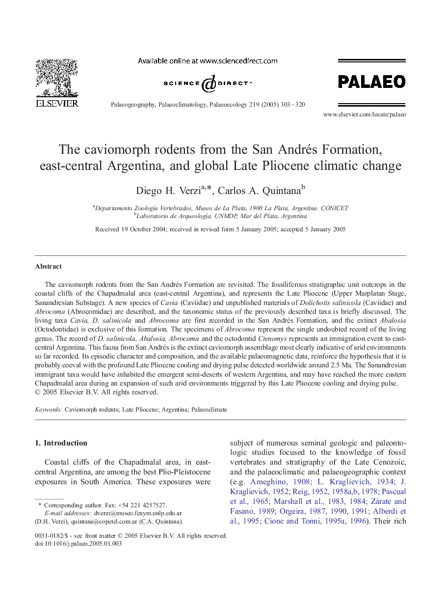 The caviomorph rodents from the San Andrés Formation, east-central Argentina, and global Late Pliocene climatic change