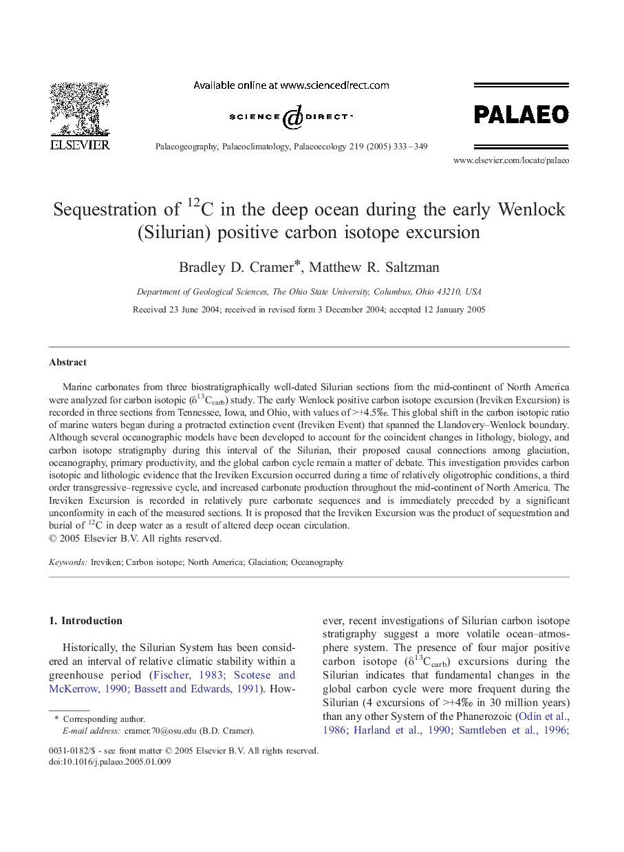 Sequestration of 12C in the deep ocean during the early Wenlock (Silurian) positive carbon isotope excursion