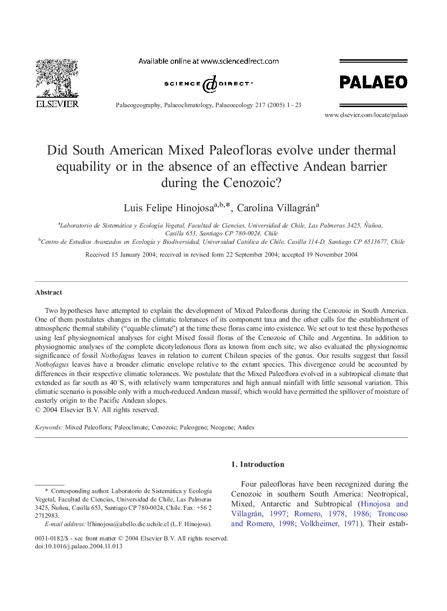 Did South American Mixed Paleofloras evolve under thermal equability or in the absence of an effective Andean barrier during the Cenozoic?