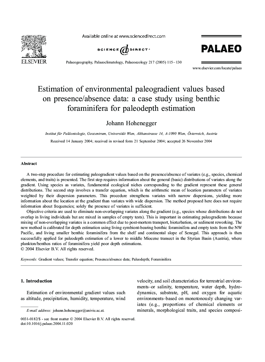 Estimation of environmental paleogradient values based on presence/absence data: a case study using benthic foraminifera for paleodepth estimation