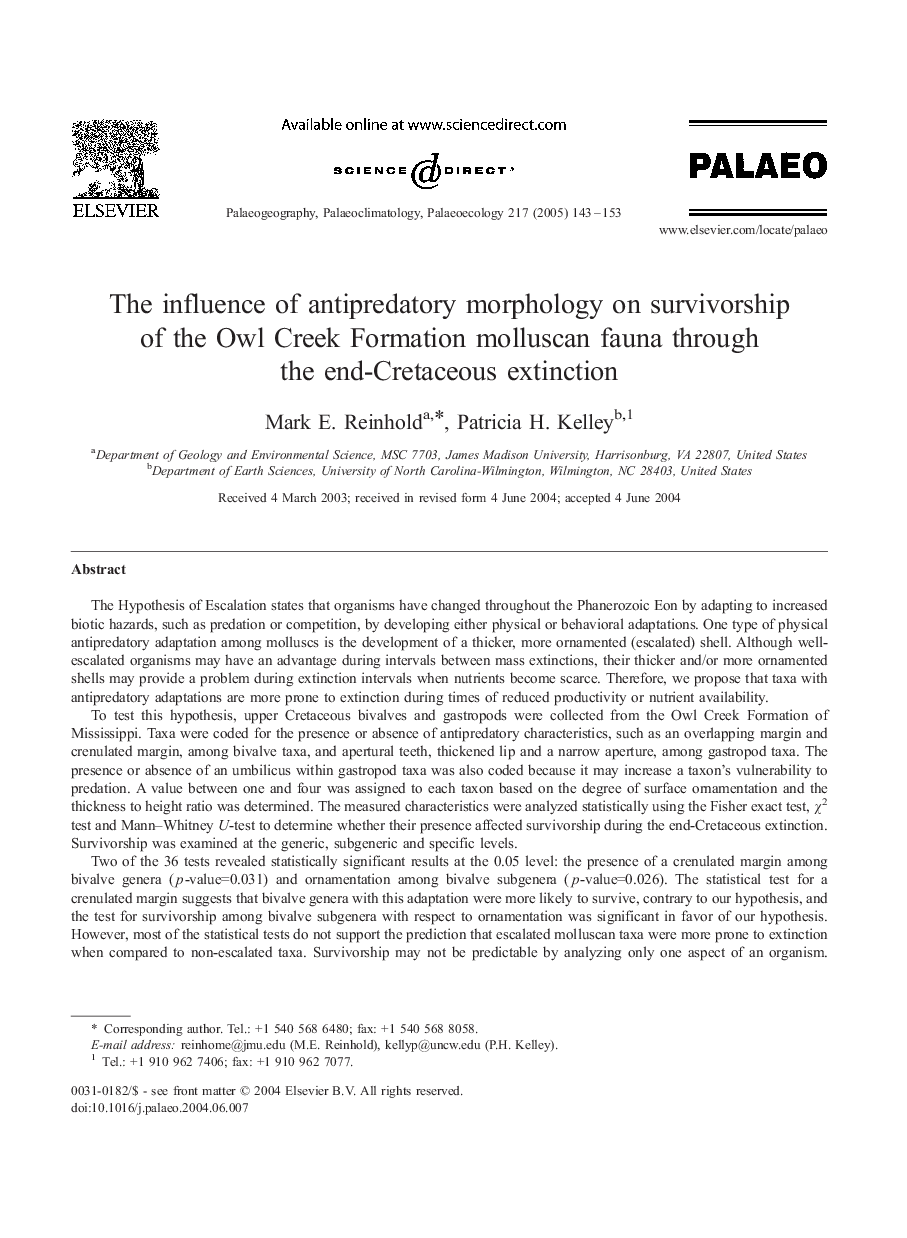 The influence of antipredatory morphology on survivorship of the Owl Creek Formation molluscan fauna through the end-Cretaceous extinction