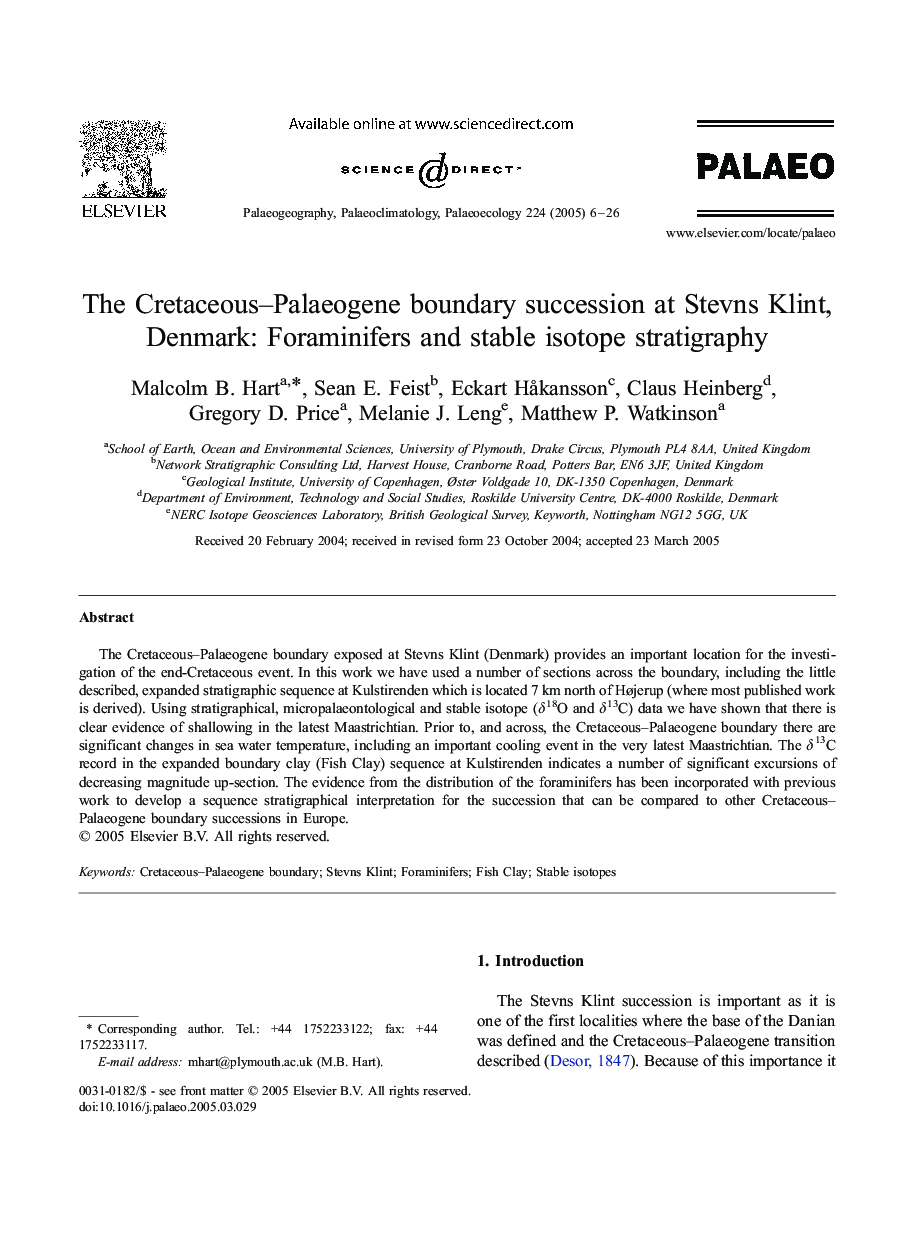 The Cretaceous-Palaeogene boundary succession at Stevns Klint, Denmark: Foraminifers and stable isotope stratigraphy