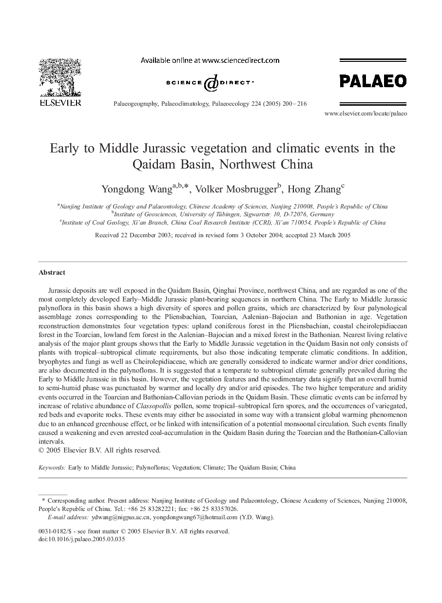 Early to Middle Jurassic vegetation and climatic events in the Qaidam Basin, Northwest China