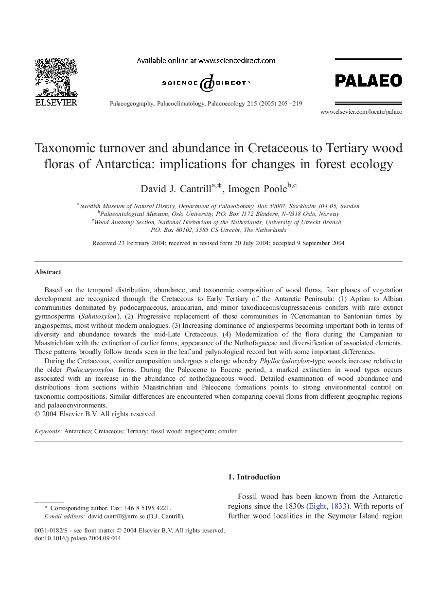 Taxonomic turnover and abundance in Cretaceous to Tertiary wood floras of Antarctica: implications for changes in forest ecology