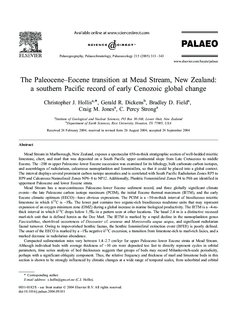The Paleocene-Eocene transition at Mead Stream, New Zealand: a southern Pacific record of early Cenozoic global change