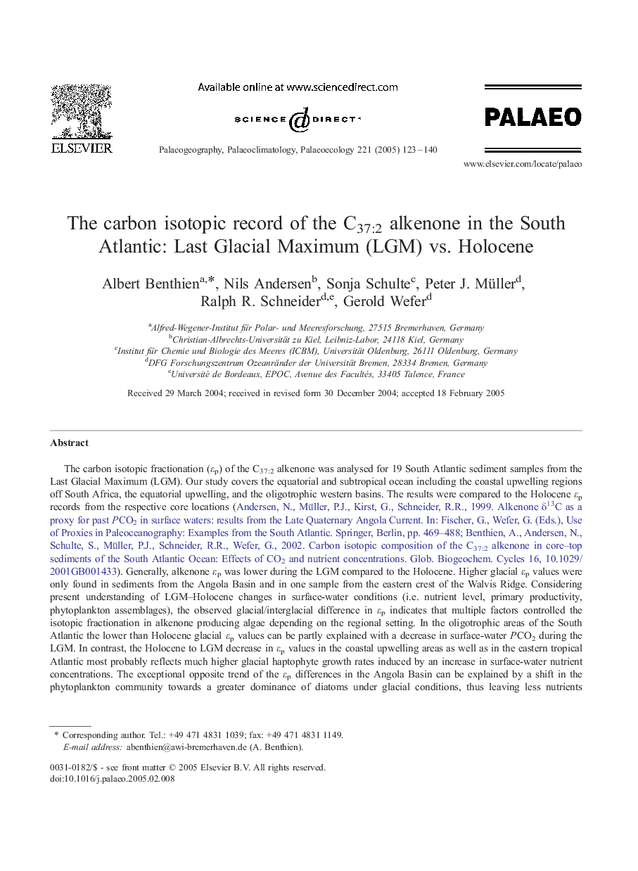 The carbon isotopic record of the C37:2 alkenone in the South Atlantic: Last Glacial Maximum (LGM) vs. Holocene