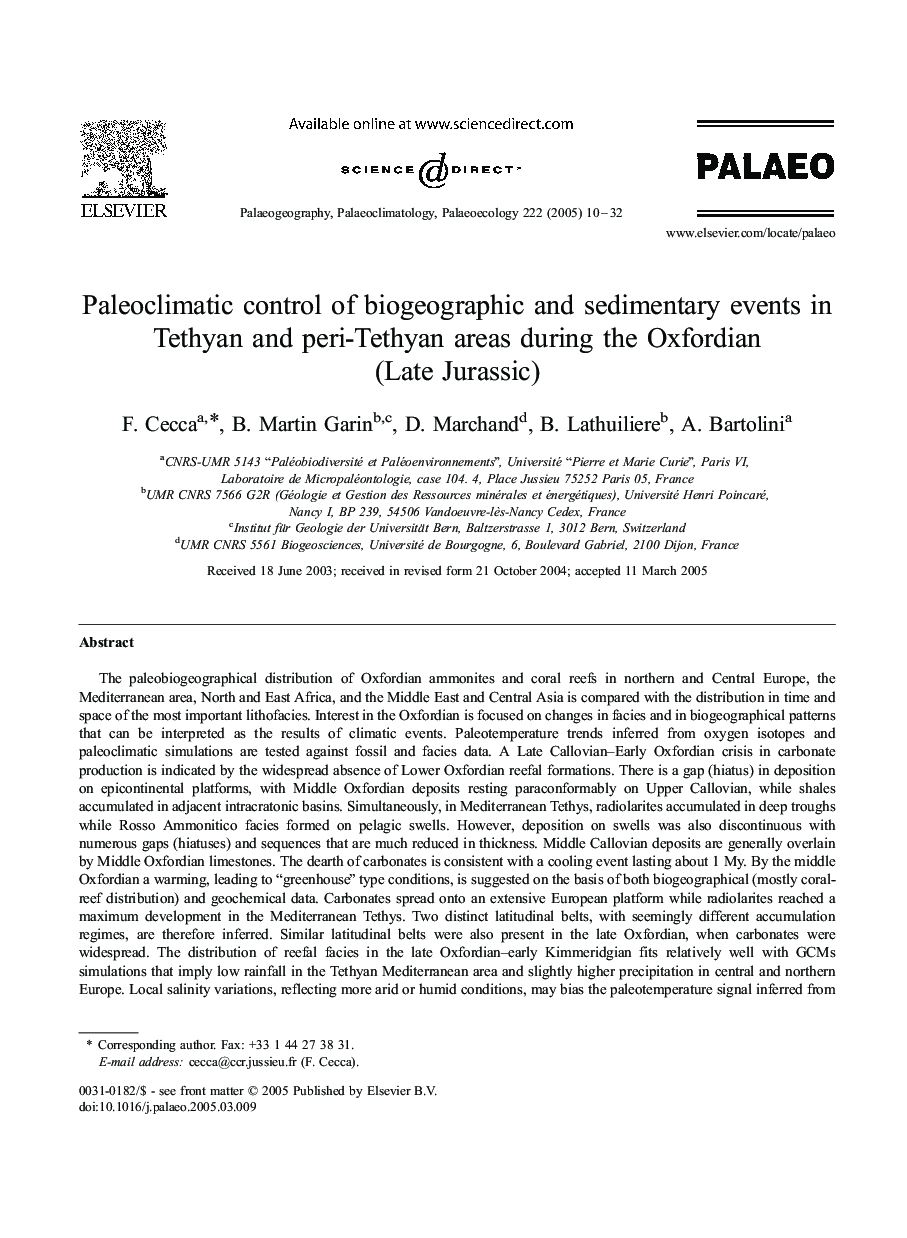 Paleoclimatic control of biogeographic and sedimentary events in Tethyan and peri-Tethyan areas during the Oxfordian (Late Jurassic)