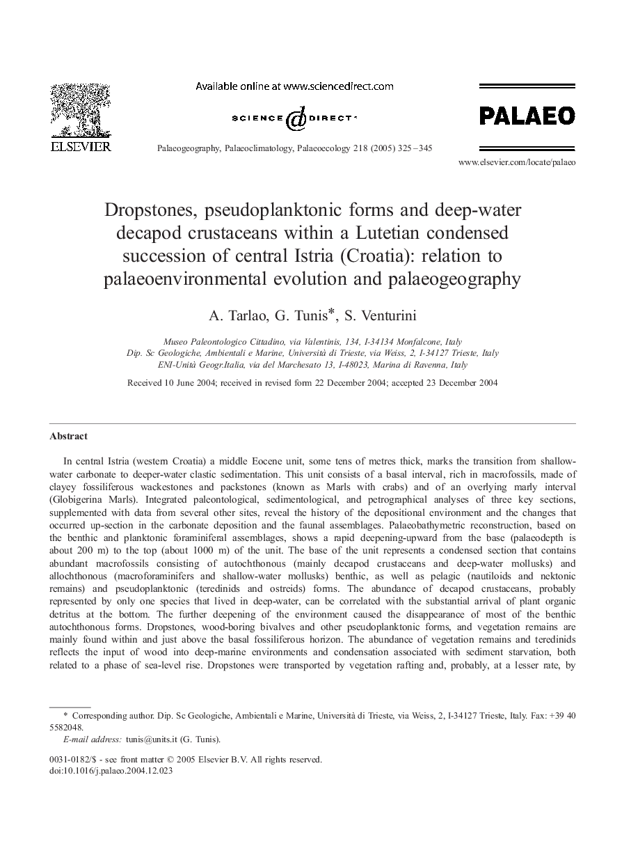 Dropstones, pseudoplanktonic forms and deep-water decapod crustaceans within a Lutetian condensed succession of central Istria (Croatia): relation to palaeoenvironmental evolution and palaeogeography