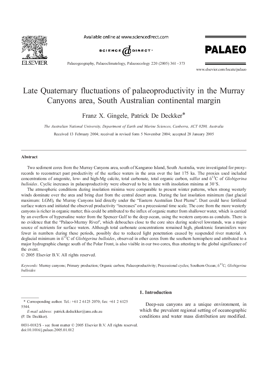 Late Quaternary fluctuations of palaeoproductivity in the Murray Canyons area, South Australian continental margin