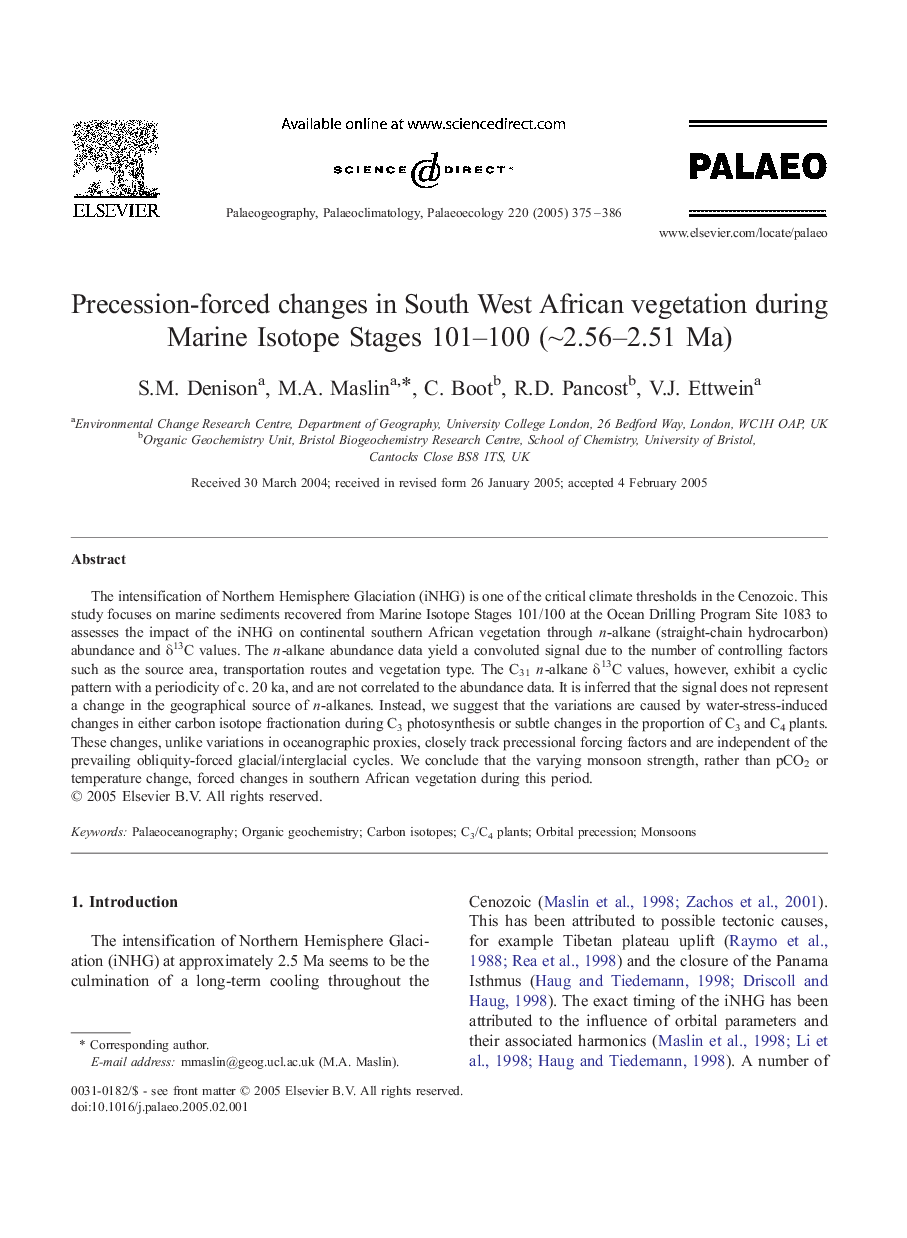 Precession-forced changes in South West African vegetation during Marine Isotope Stages 101-100 (â¼2.56-2.51 Ma)