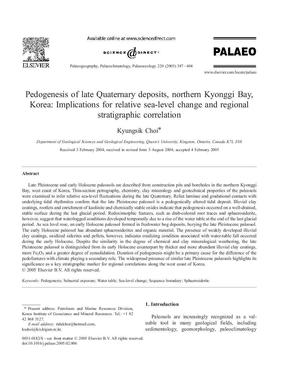 Pedogenesis of late Quaternary deposits, northern Kyonggi Bay, Korea: Implications for relative sea-level change and regional stratigraphic correlation