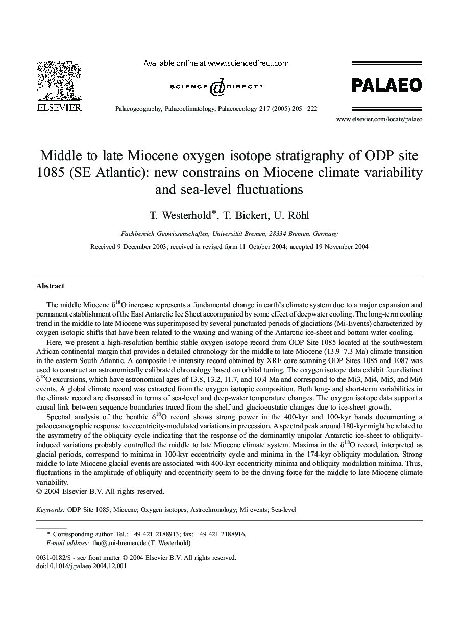 Middle to late Miocene oxygen isotope stratigraphy of ODP site 1085 (SE Atlantic): new constrains on Miocene climate variability and sea-level fluctuations