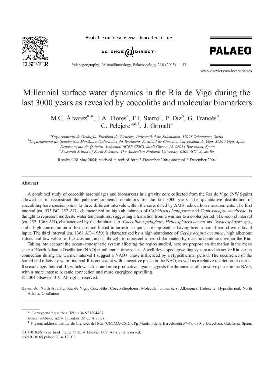 Millennial surface water dynamics in the RÃ­a de Vigo during the last 3000 years as revealed by coccoliths and molecular biomarkers