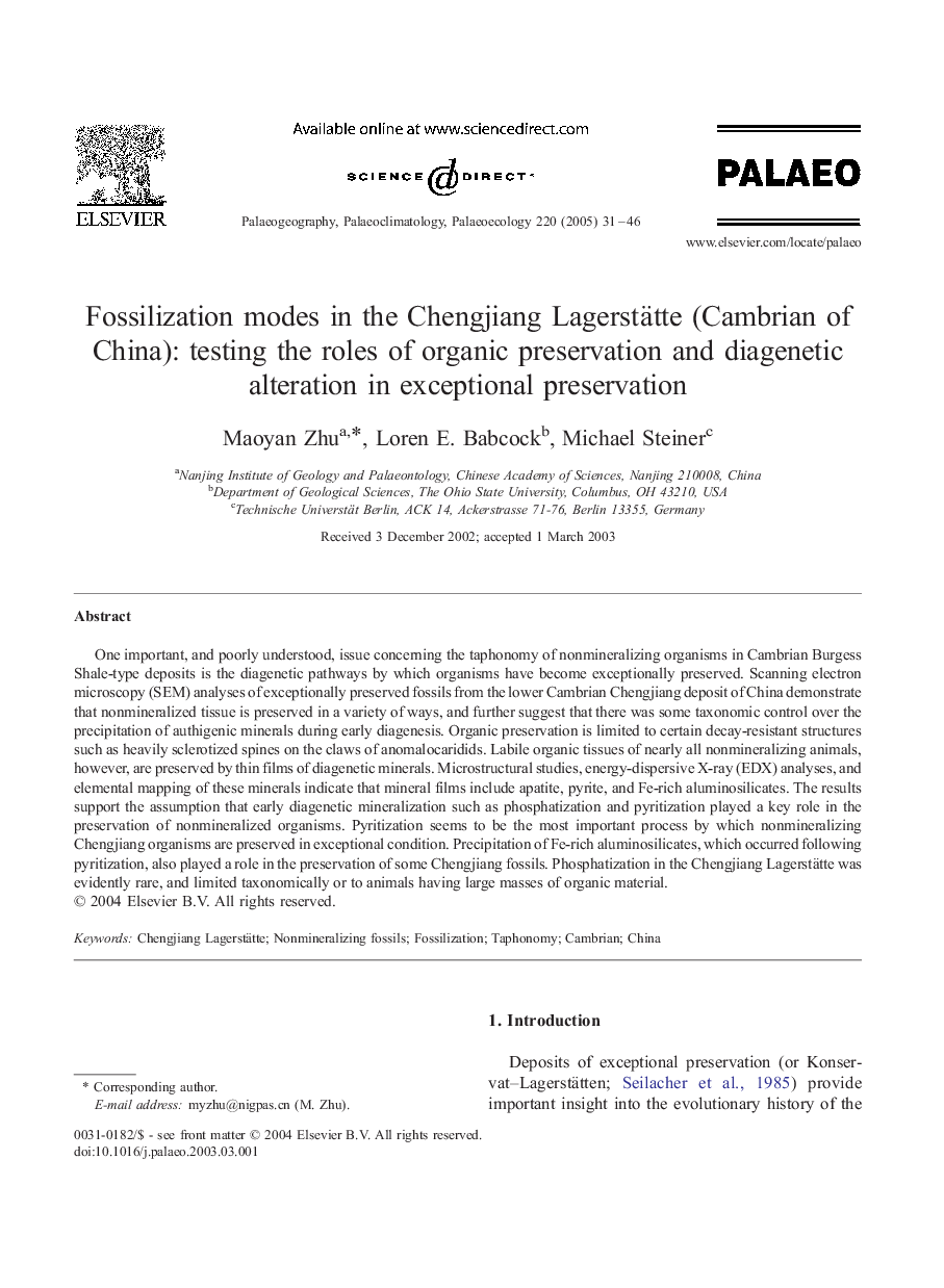 Fossilization modes in the Chengjiang Lagerstätte (Cambrian of China): testing the roles of organic preservation and diagenetic alteration in exceptional preservation