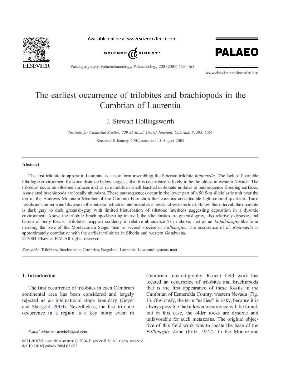 The earliest occurrence of trilobites and brachiopods in the Cambrian of Laurentia