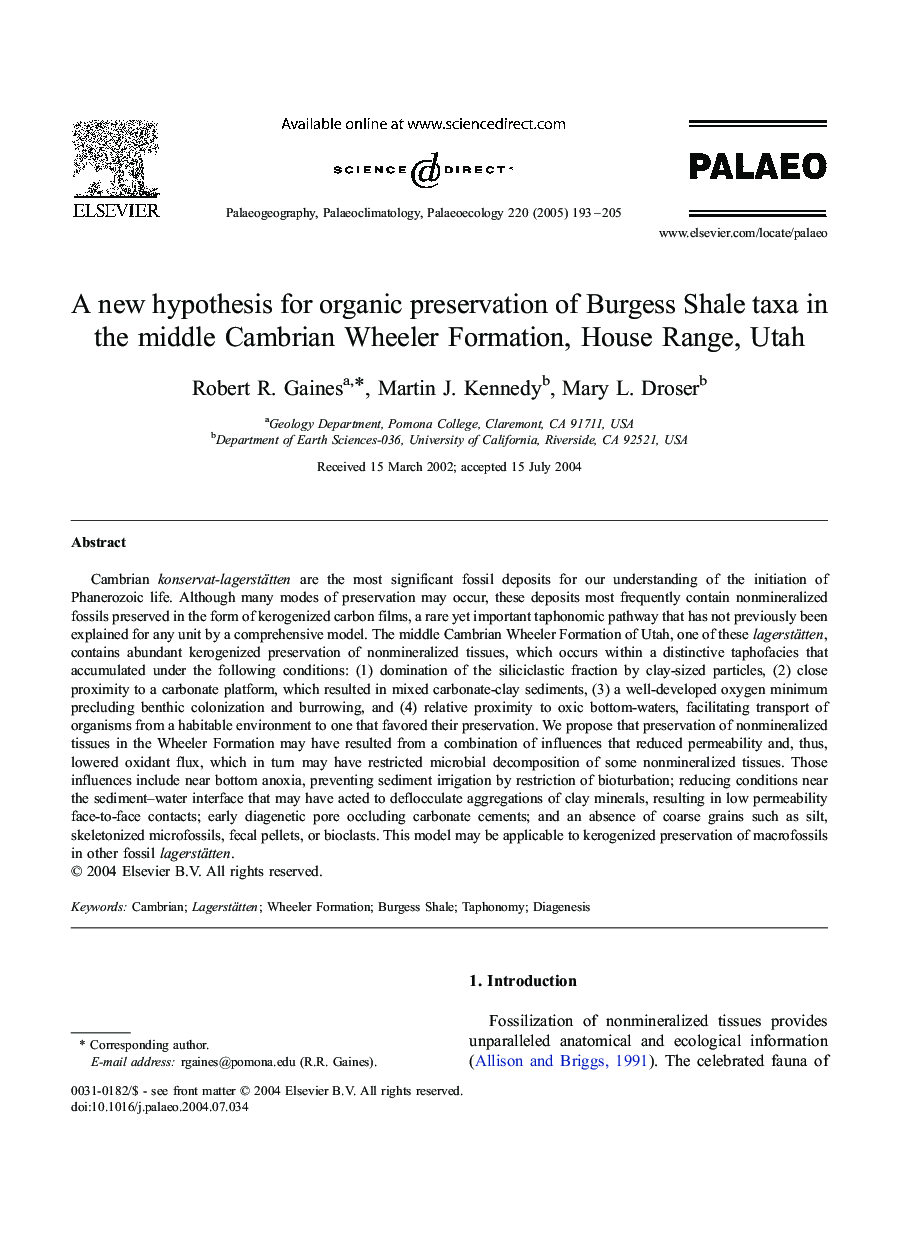 A new hypothesis for organic preservation of Burgess Shale taxa in the middle Cambrian Wheeler Formation, House Range, Utah