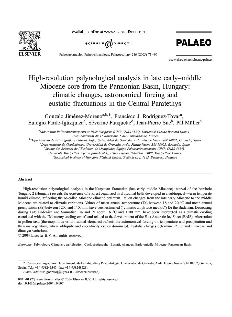 High-resolution palynological analysis in late early-middle Miocene core from the Pannonian Basin, Hungary: climatic changes, astronomical forcing and eustatic fluctuations in the Central Paratethys