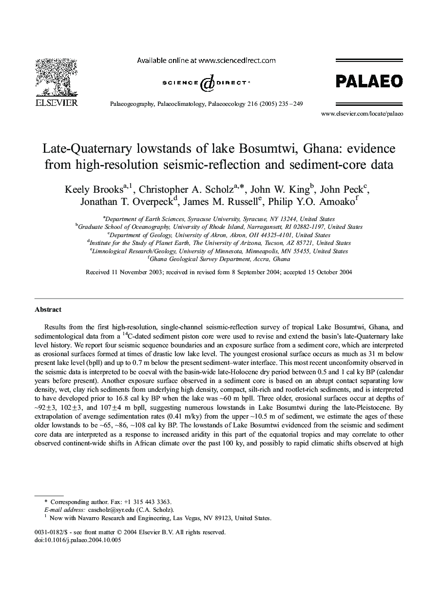 Late-Quaternary lowstands of lake Bosumtwi, Ghana: evidence from high-resolution seismic-reflection and sediment-core data