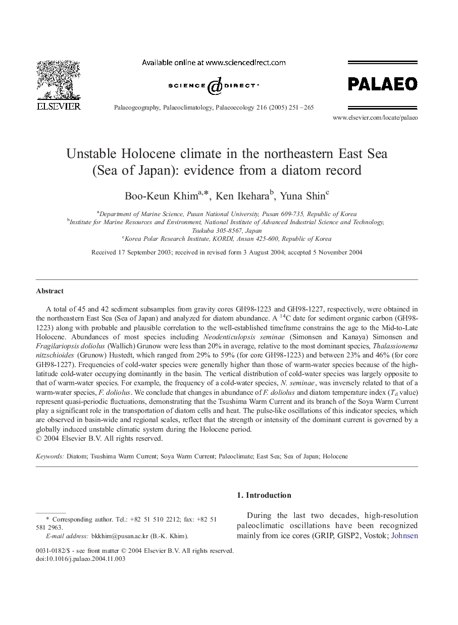 Unstable Holocene climate in the northeastern East Sea (Sea of Japan): evidence from a diatom record