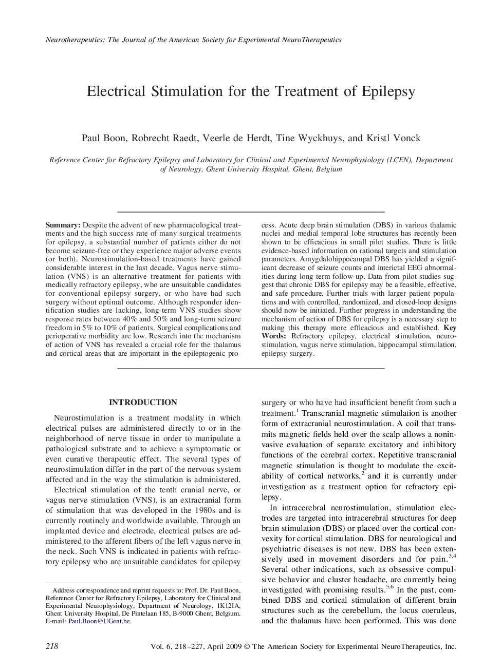 Electrical Stimulation for the Treatment of Epilepsy