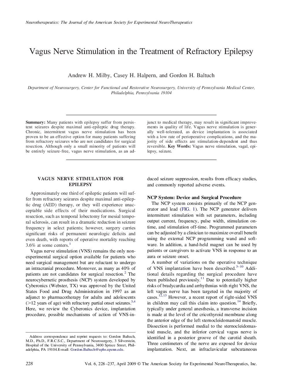 Vagus Nerve Stimulation in the Treatment of Refractory Epilepsy