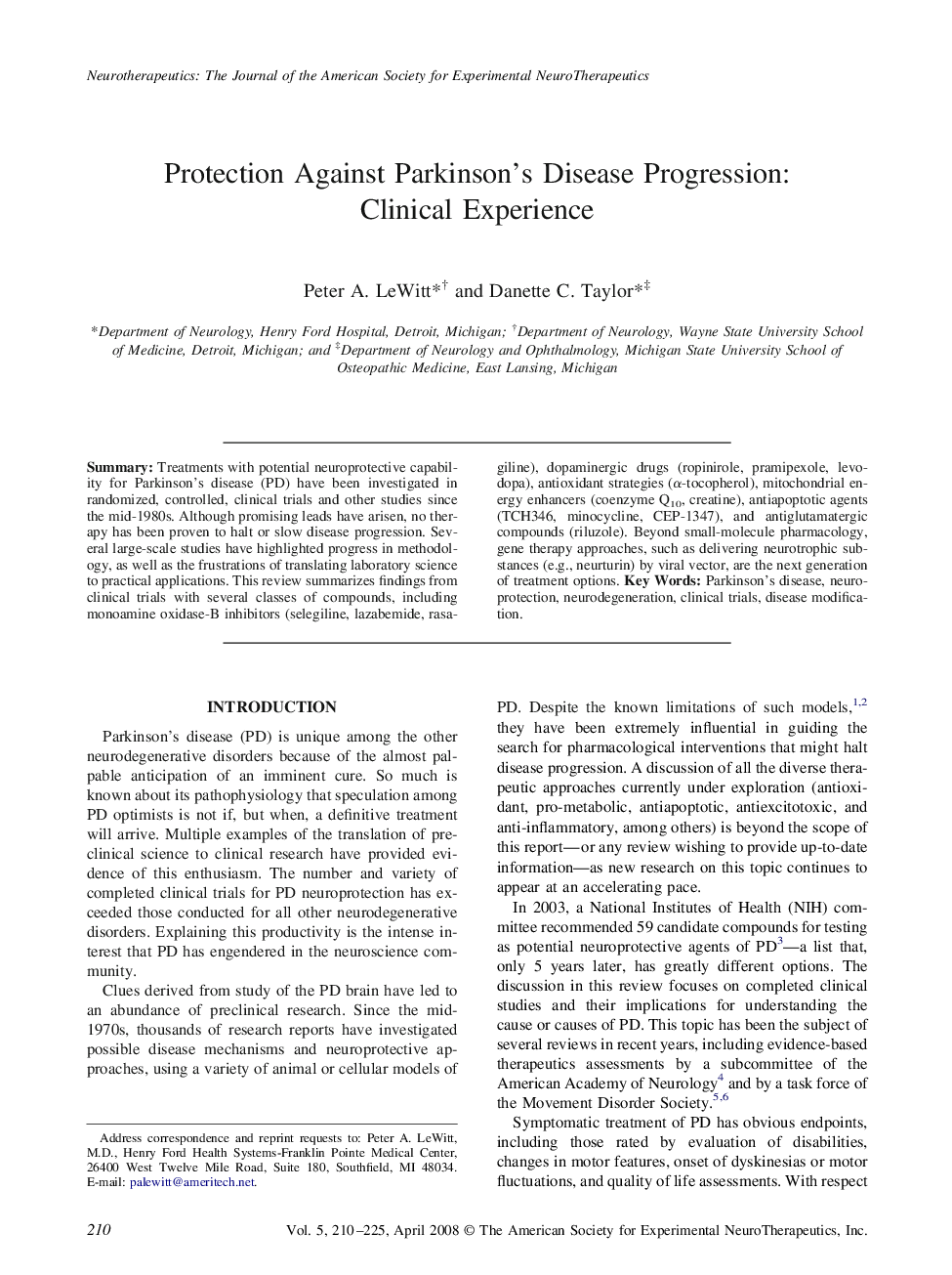 Protection Against Parkinson's Disease Progression: Clinical Experience