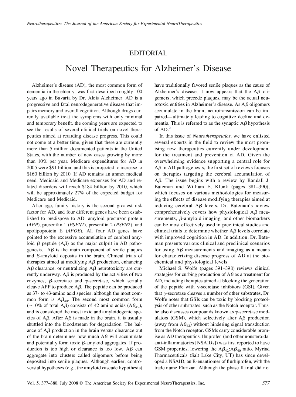 Novel Therapeutics for Alzheimer's Disease