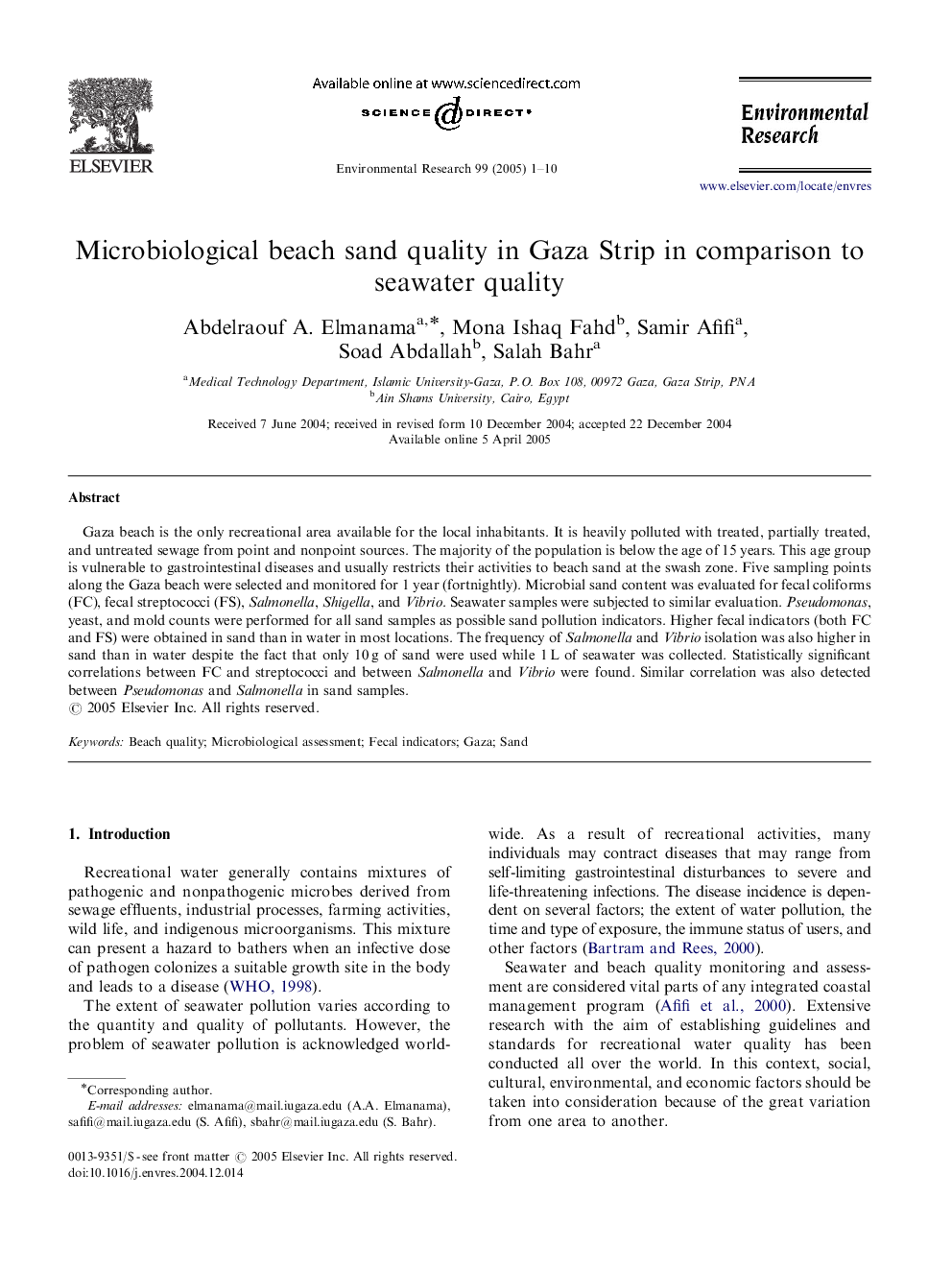 Microbiological beach sand quality in Gaza Strip in comparison to seawater quality