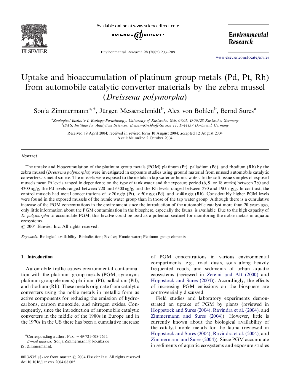 Uptake and bioaccumulation of platinum group metals (Pd, Pt, Rh) from automobile catalytic converter materials by the zebra mussel (Dreissena polymorpha)