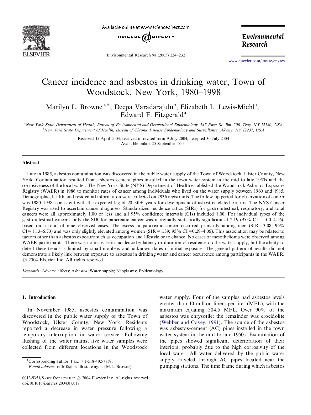 Cancer incidence and asbestos in drinking water, Town of Woodstock, New York, 1980-1998