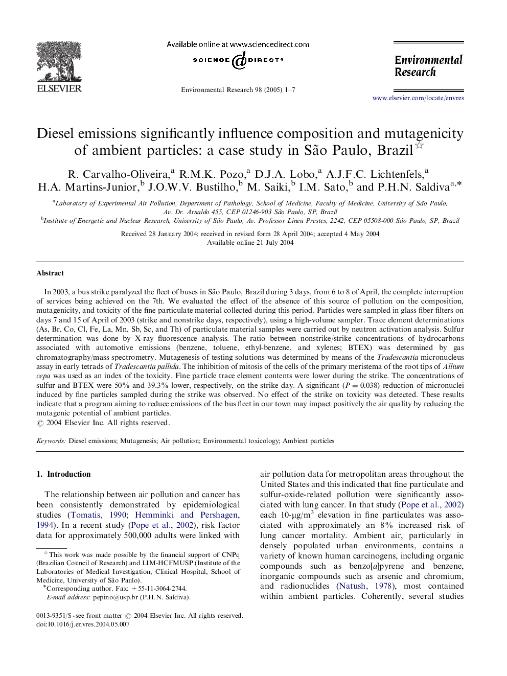 Diesel emissions significantly influence composition and mutagenicity of ambient particles: a case study in SÃ£o Paulo, Brazil