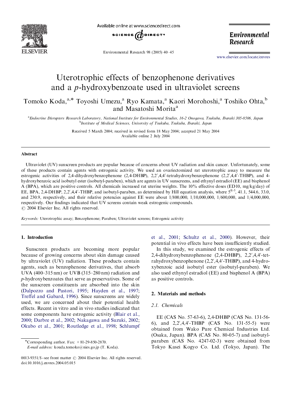 Uterotrophic effects of benzophenone derivatives and a p-hydroxybenzoate used in ultraviolet screens