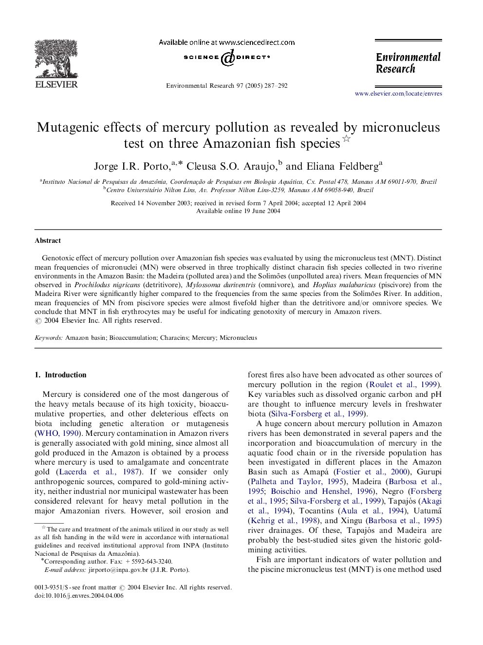 Mutagenic effects of mercury pollution as revealed by micronucleus test on three Amazonian fish species