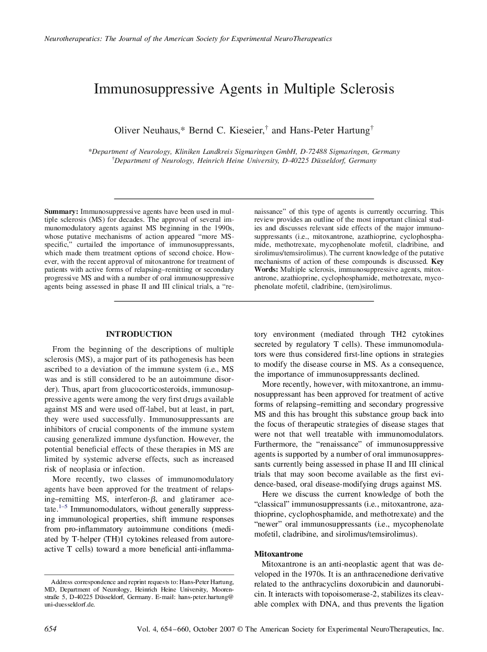 Immunosuppressive Agents in Multiple Sclerosis