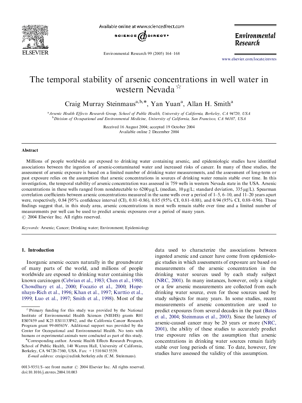 The temporal stability of arsenic concentrations in well water in western Nevada