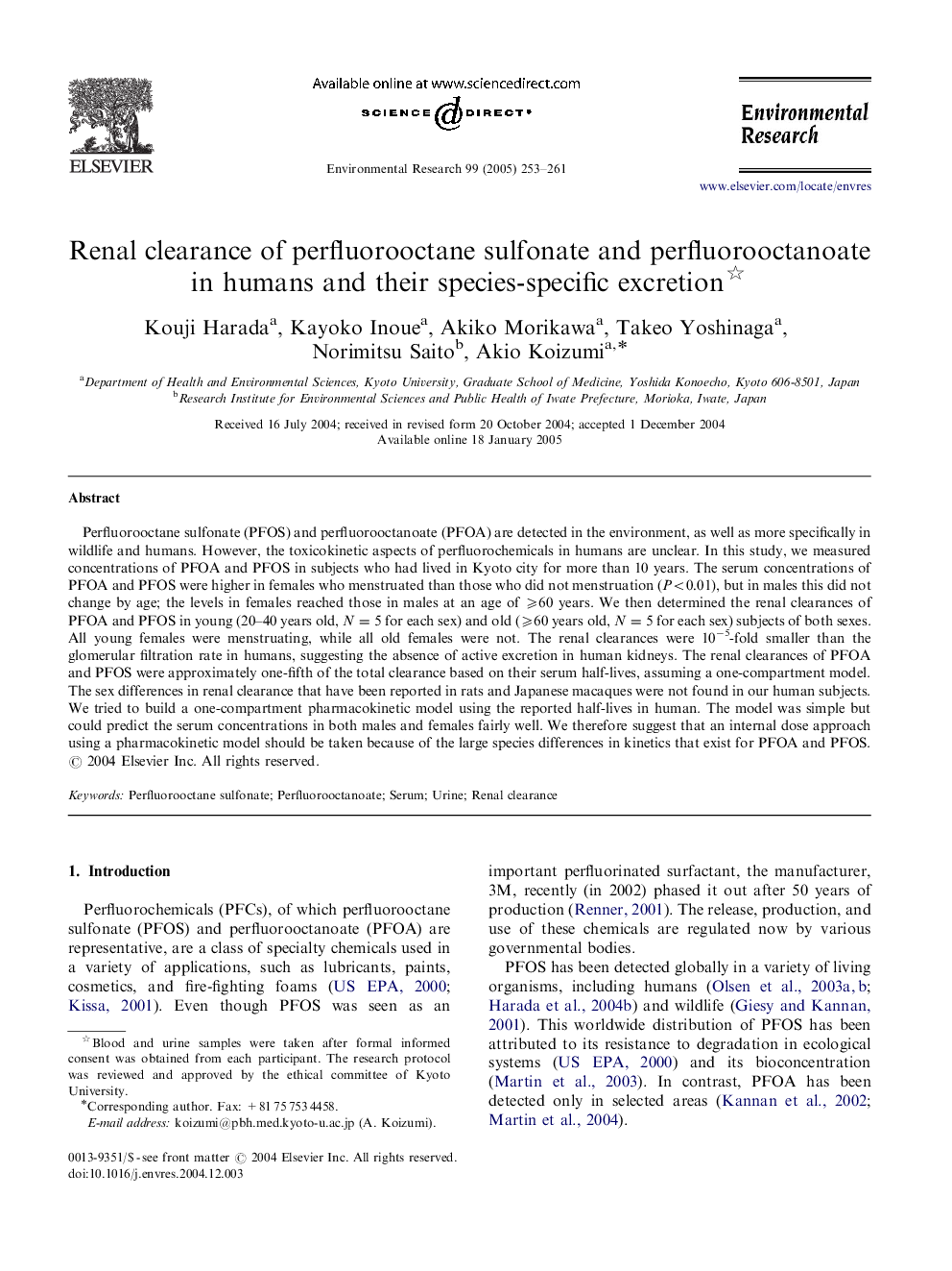 Renal clearance of perfluorooctane sulfonate and perfluorooctanoate in humans and their species-specific excretion