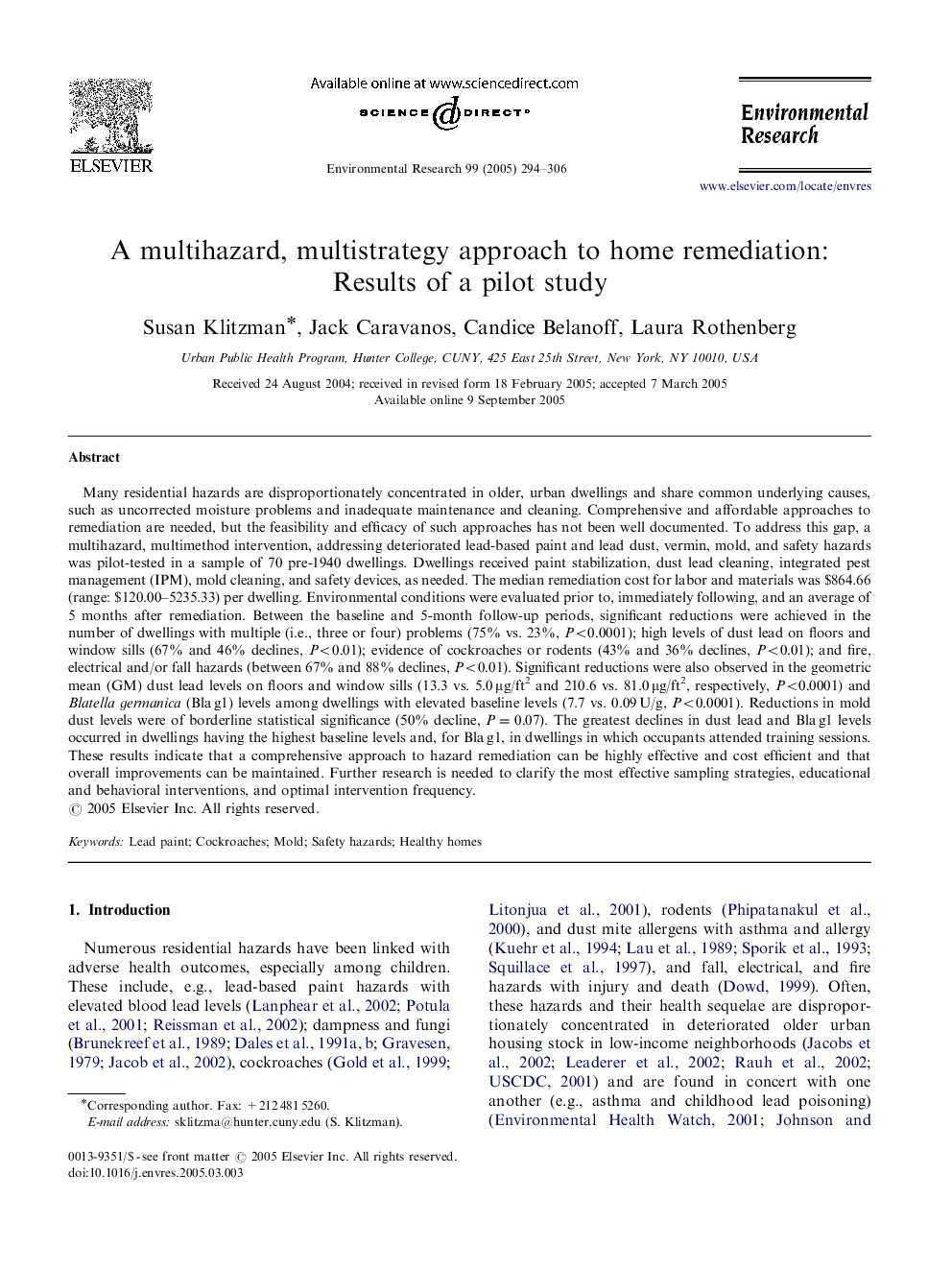 A multihazard, multistrategy approach to home remediation: Results of a pilot study