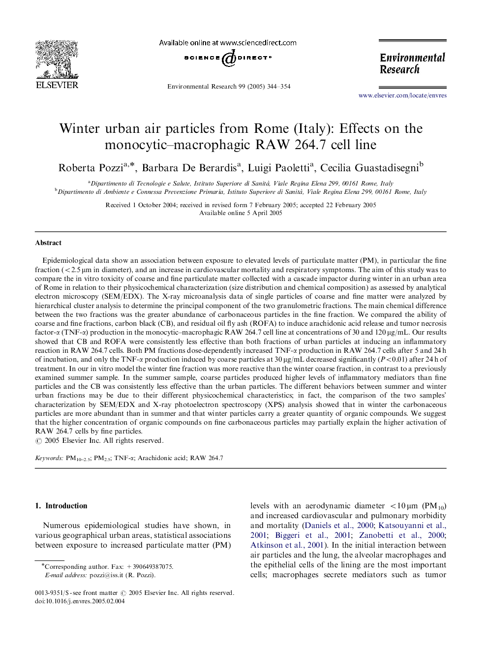 Winter urban air particles from Rome (Italy): Effects on the monocytic-macrophagic RAW 264.7 cell line