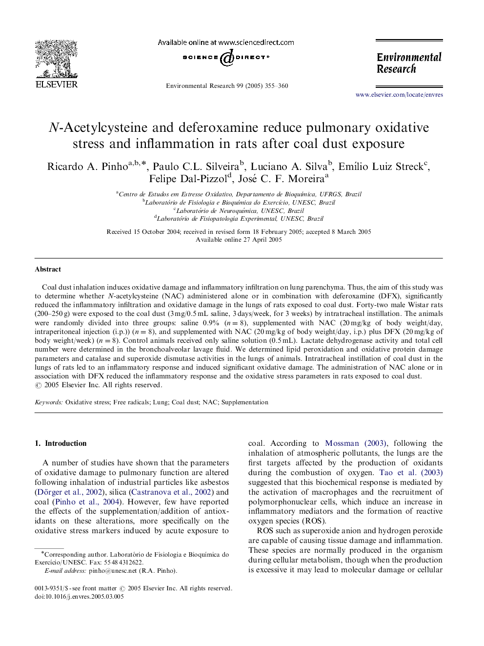 N-Acetylcysteine and deferoxamine reduce pulmonary oxidative stress and inflammation in rats after coal dust exposure